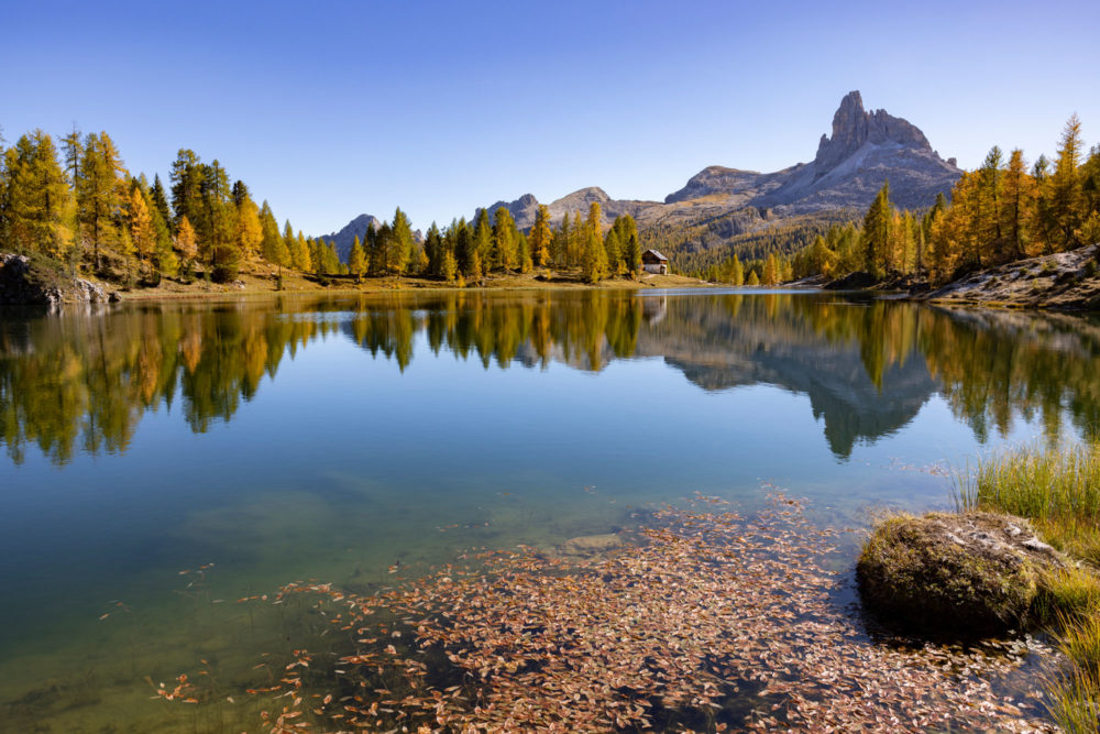 Lac Federa en automne dans les Dolomites. Reflets et arbres flamboyants.